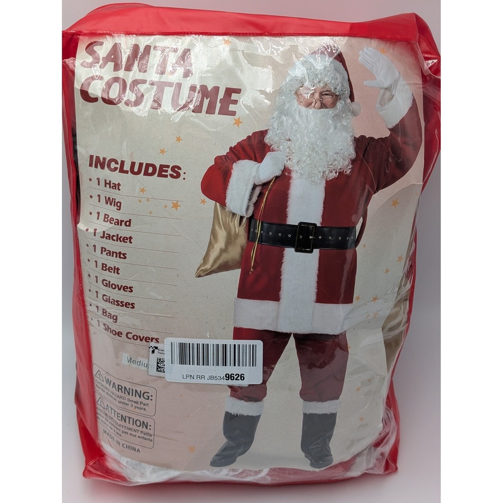 Deluxe Santa Costume Mens Medium Red Complete 10pc Set Suit Holiday Xmas Outfit